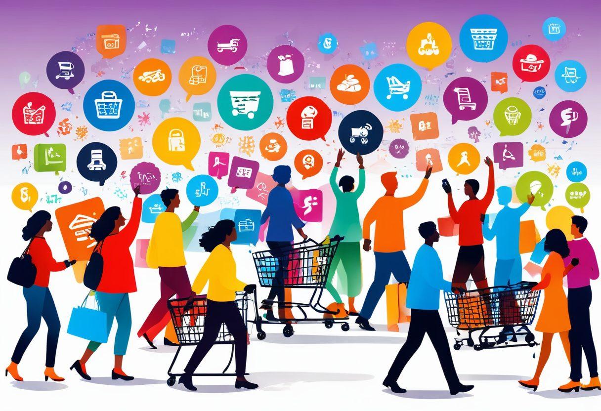 A visually dynamic scene depicting a diverse group of excited shoppers exploring a digital marketplace filled with colorful icons representing discounts and deals, with prominent ‘SALE’ tags and shopping carts. Bright lights and a lively atmosphere convey a sense of urgency and excitement. Vibrant colors encapsulate the thrill of bargain hunting in an online setting. vector art. vivid colors. white background.