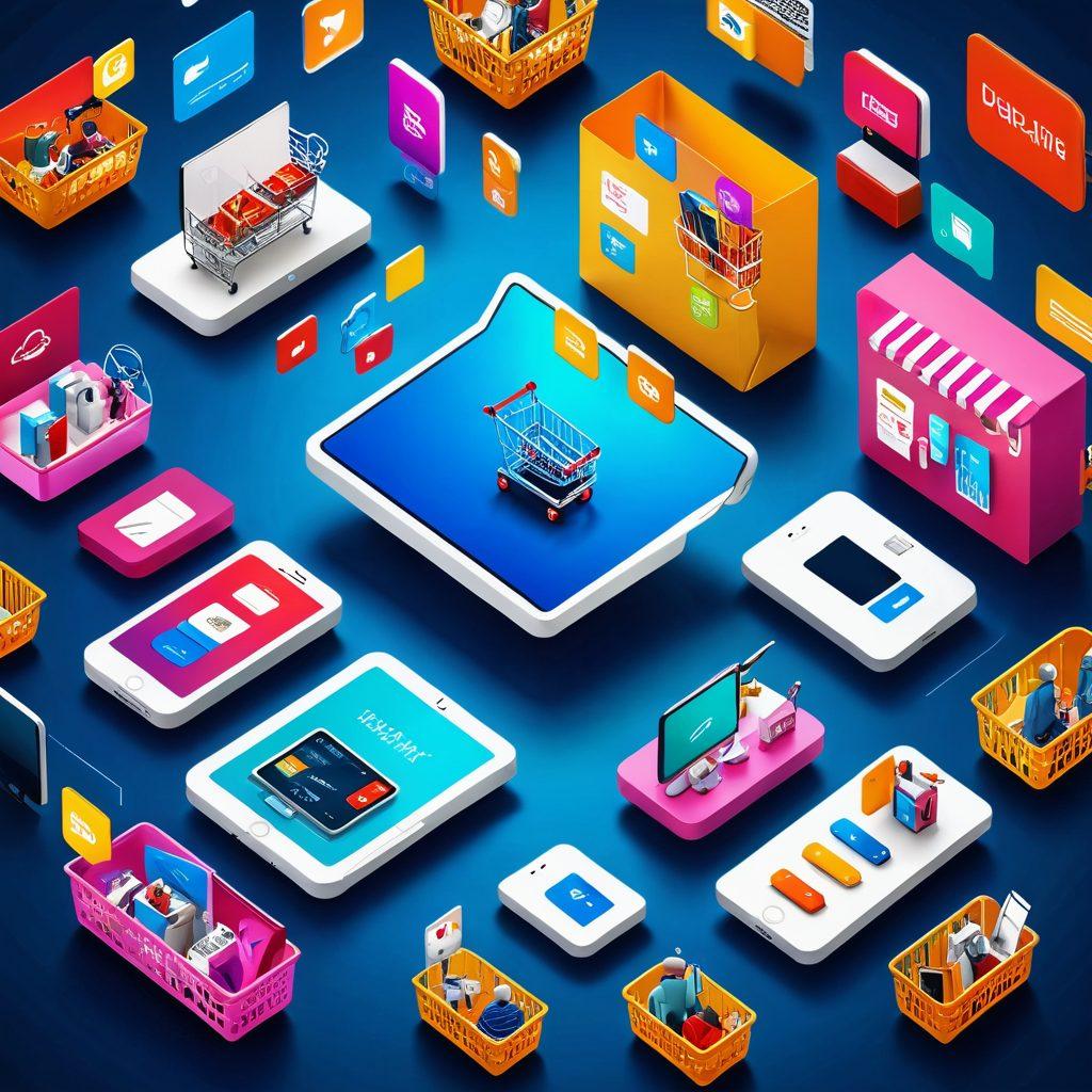 A dynamic digital marketplace scene filled with diverse shoppers engaging in online transactions, illustrated with vibrant graphs and shopping carts. Include various devices like smartphones and laptops displaying colorful product pages. Visualize essential strategies represented as easy-to-understand icons and tips floating around. Create an overall feel of connectivity and excitement of smart shopping. super-realistic. vibrant colors. 3D.