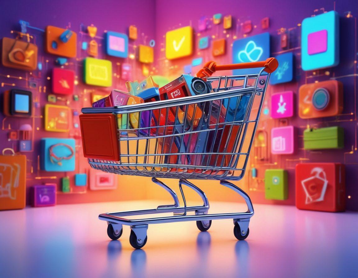 A digital marketplace scene showcasing diverse products like fashion, electronics, and home goods, with a prominent glowing key unlocking them. Include a stylized shopping cart filled with colorful items and an animated glow around the key to symbolize discovery. The background should have abstract circuitry patterns representing technology and the online world. Illustrate this with vibrant colors and a modern, sleek design. super-realistic. vibrant colors.